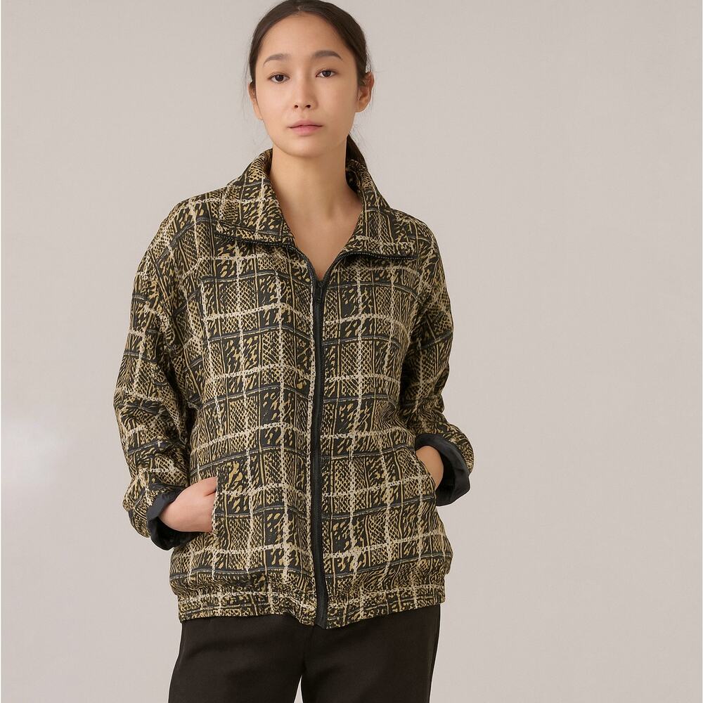 Vintage 100% Silk Bomber Jacket Animal Geometric Black Gold Zip Up‎ Size Large